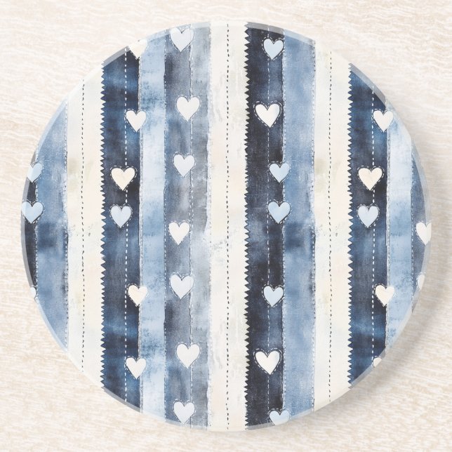 Blue White Denim Heart Stripes Getränkeuntersetzer (Vorne)