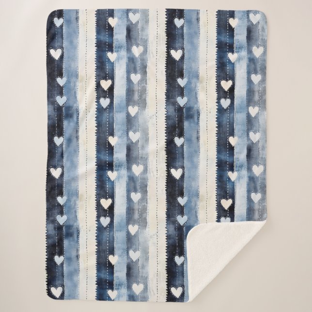 Blue White Denim Heart Stripes Sherpadecke (Vorderseite)