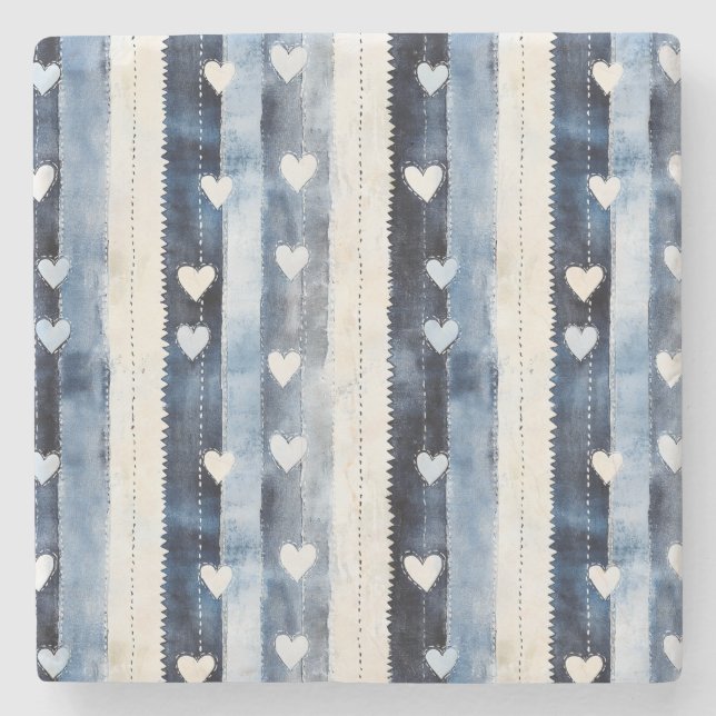 Blue White Denim Heart Stripes Steinuntersetzer (Vorderseite)