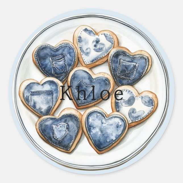 Blue White Denim Hearts Runder Aufkleber (Vorderseite)