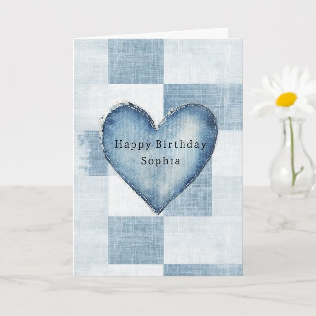 Blue White Denim Jean Heart Personalisierter Name Karte (Kleine Pflanze)