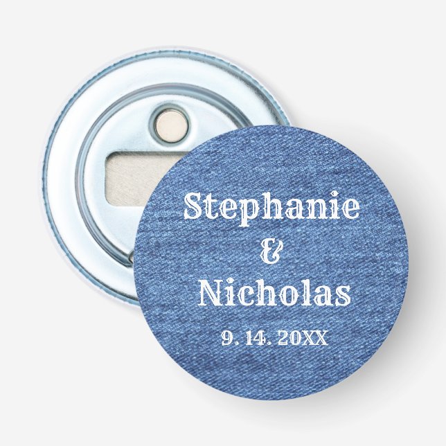 Blue White Denim Theme Wedding Flaschenöffner (Vorderseite)