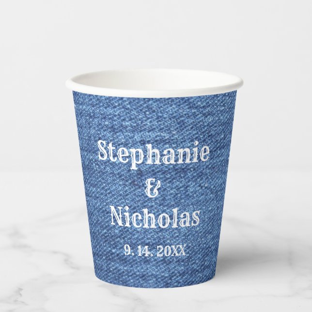 Blue White Denim Theme Wedding Pappbecher (Vorderseite)