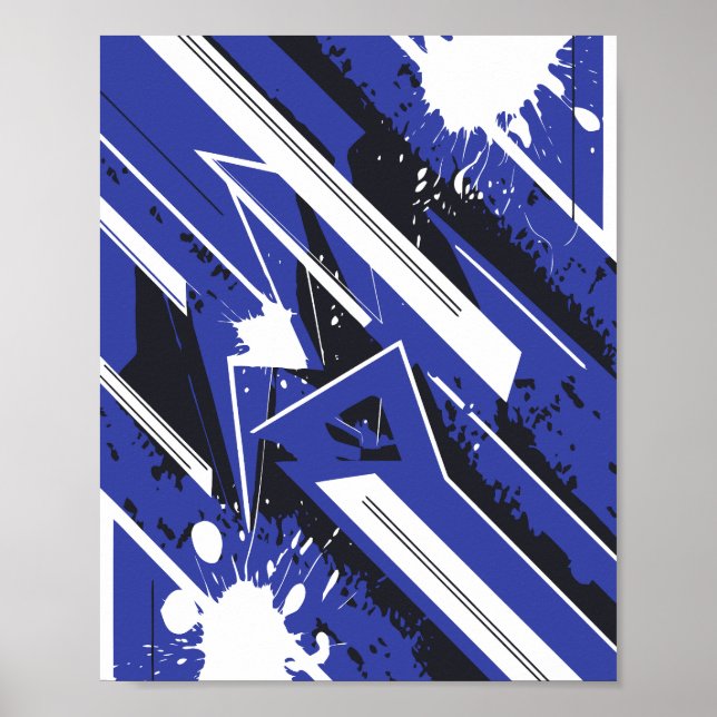 Blue & White Diagonal Stripes with Paint Splashes Poster (Vorne)