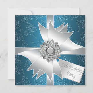 Blue White Diamond Bow Womans 60. Geburtstagsparty Einladung