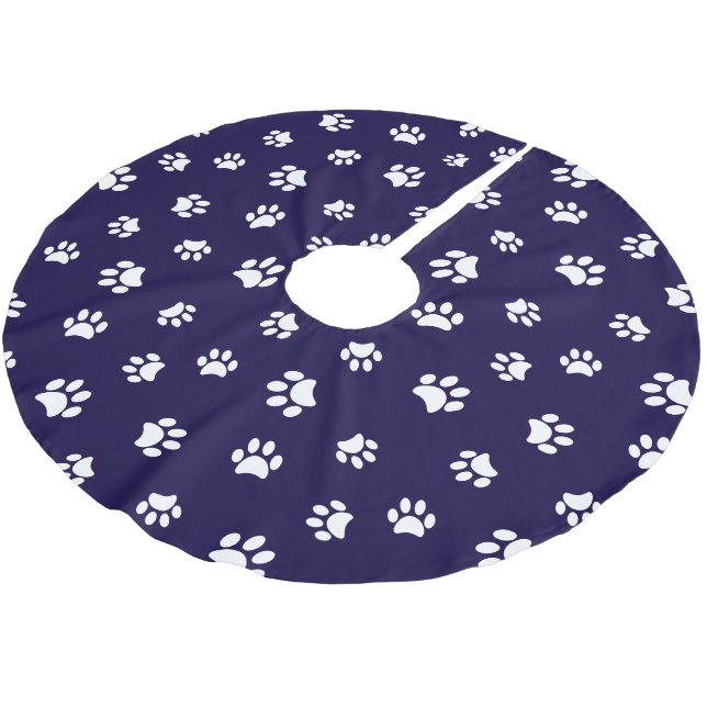 Blue White Dog Cat Paw Prints Muster Weihnachten Polyester Weihnachtsbaumdecke (Schrägansicht)