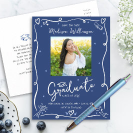 Blue White Doodles Graduation Save the Date Photo Einladungspostkarte