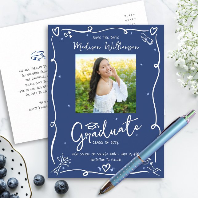 Blue White Doodles Graduation Save the Date Photo Einladungspostkarte (Von Creator hochgeladen)