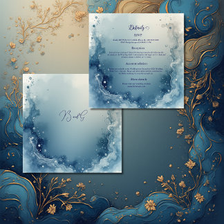 blue white Dreamy coastal marble ink wedding Begleitkarte