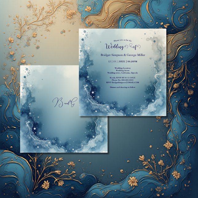 blue white Dreamy coastal marble ink wedding Einladung (Von Creator hochgeladen)
