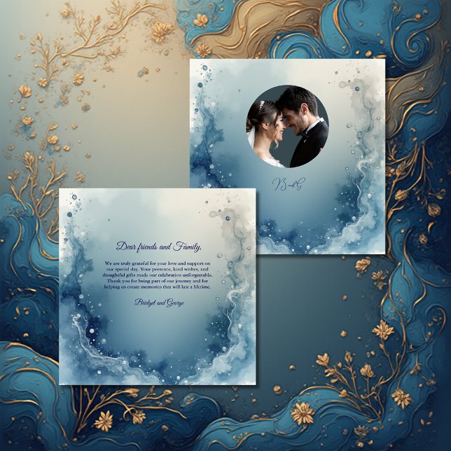 blue white Dreamy coastal marble ink wedding photo Dankeskarte (Von Creator hochgeladen)