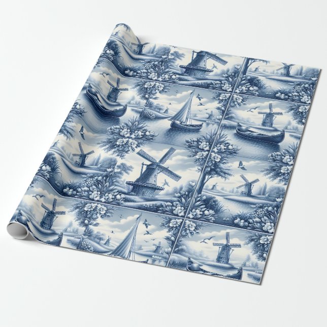 Blue & White Dutch Landscape Pattern • Tile-Inspir Geschenkpapier (Ungerollt)