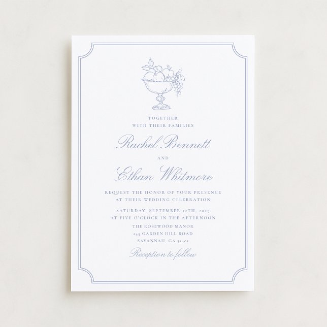 Blue & White Elegant Frame Wedding Invitation Ankündigung (Von Creator hochgeladen)