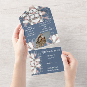 Blue White Elegant Script Foto Blume Abschluss All In One Einladung