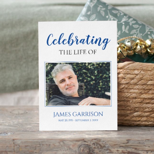 Blue White Elegante Beerdigungskarte mit Foto Begleitkarte (Von Creator hochgeladen)