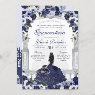 Blue White Elegante Charro Princess Quinceanera Einladung