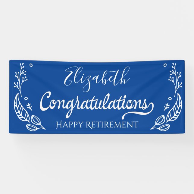 Blue White Elegante Monogram Happy Retirement Banner (Horizontal)