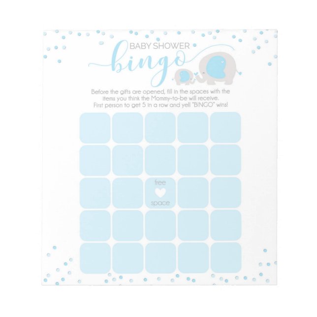 Blue White Elephant Boy Baby Shower Bingo Notepad Notizblock (Vorderseite)