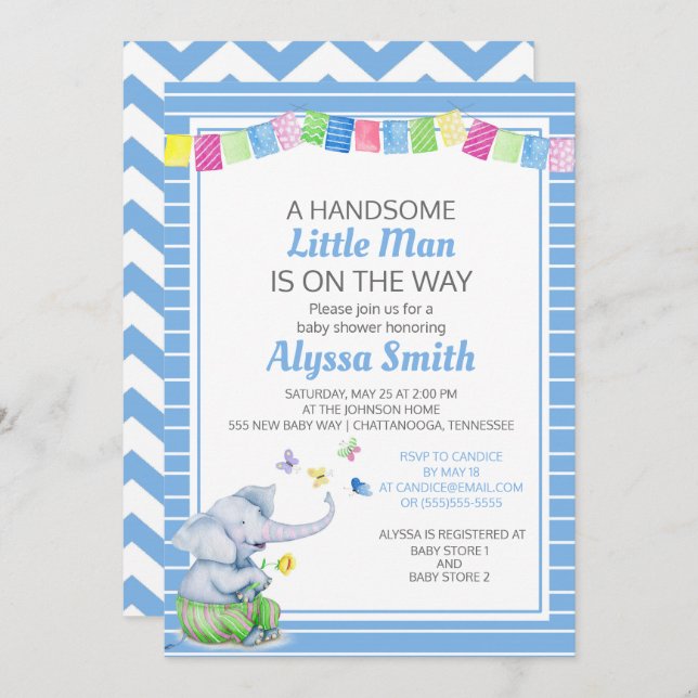 Blue White Elephant Butterflies Baby Boy Dusche Einladung (Vorne/Hinten)