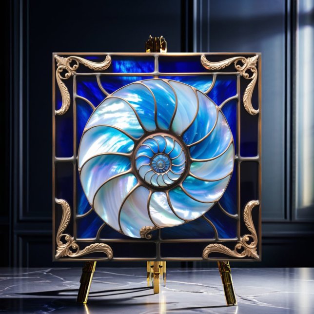 Blue/White Faux Stained-Glass Nautilus Shell 3 Fliese (Von Creator hochgeladen)