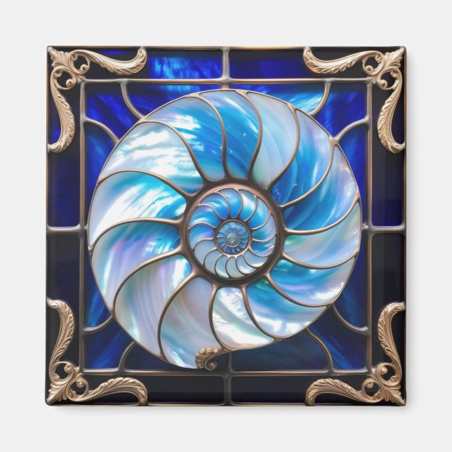 Blue/White Faux Stained-Glass Nautilus Shell 3 Magnet (Vorne)