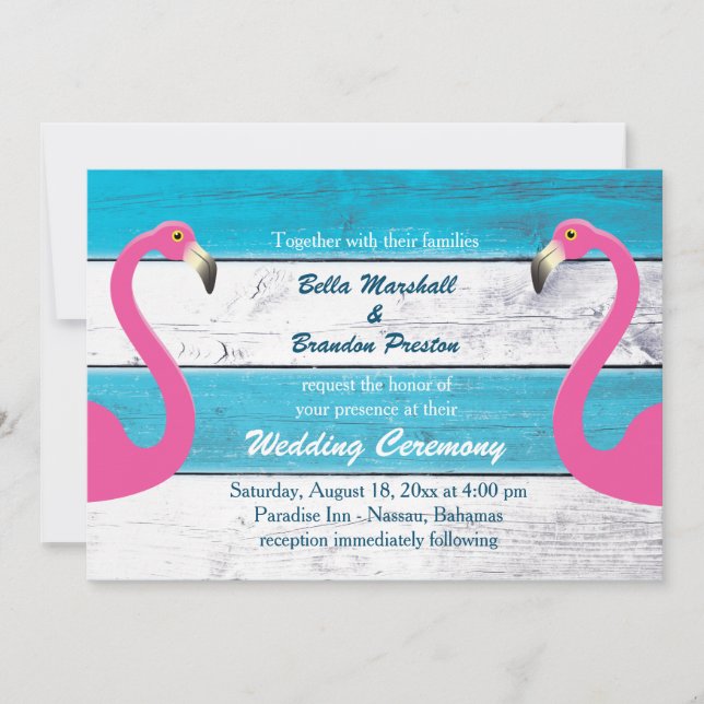 Blue & White Flamingo Einladung zur Hochzeit (Vorderseite)