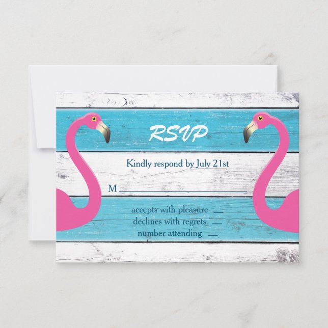 Blue & White Flamingo Wedding RSVP Karte (Vorderseite)