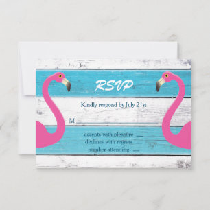 Blue & White Flamingo Wedding RSVP Karte