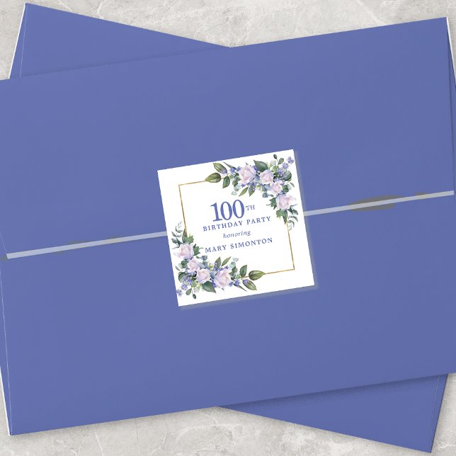 Blue White Floral 100th Birthday Envelope Seal Quadratischer Aufkleber (Von Creator hochgeladen)