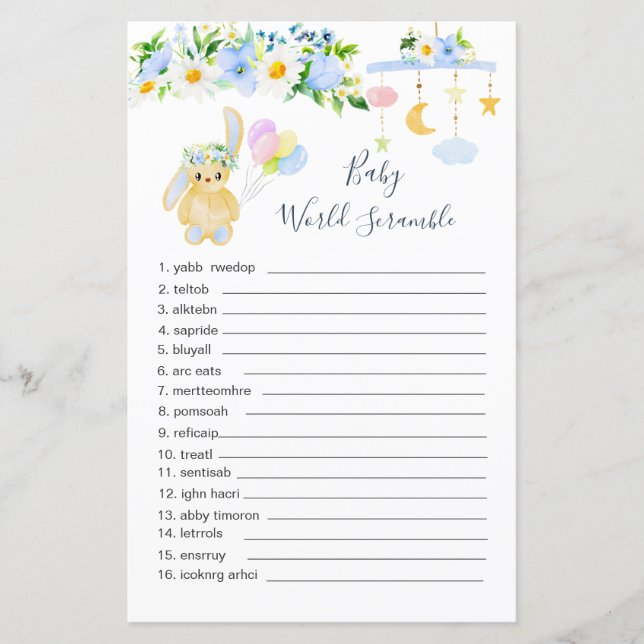 Blue White Floral Baby Word Scramble Paper Sheet (Vorderseite)
