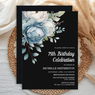 Blue White Floral Black Women's 75. Geburtstag Einladung