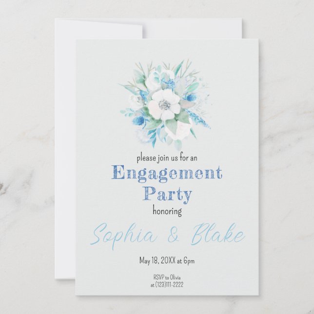 Blue & White Floral Bouquet Graue Engagement Party Einladung (Vorderseite)