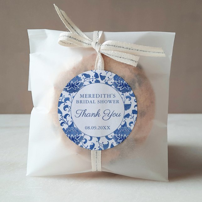 Blue & White Floral Brautparty Vielen Dank für Ihr Runder Aufkleber (Handpainted blue and white antique pattern Bridal Shower Favor or Baby Shower thank you sticker)