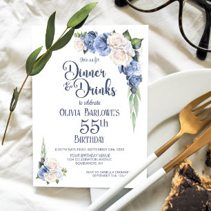 Blue White Floral Dinner und Drinks 55. Geburtstag Einladung