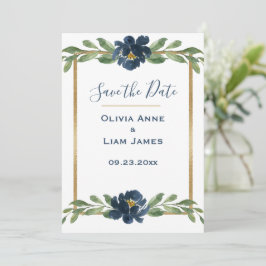 Blue & White Floral Elegantes Script Gold Hochzeit Save The Date