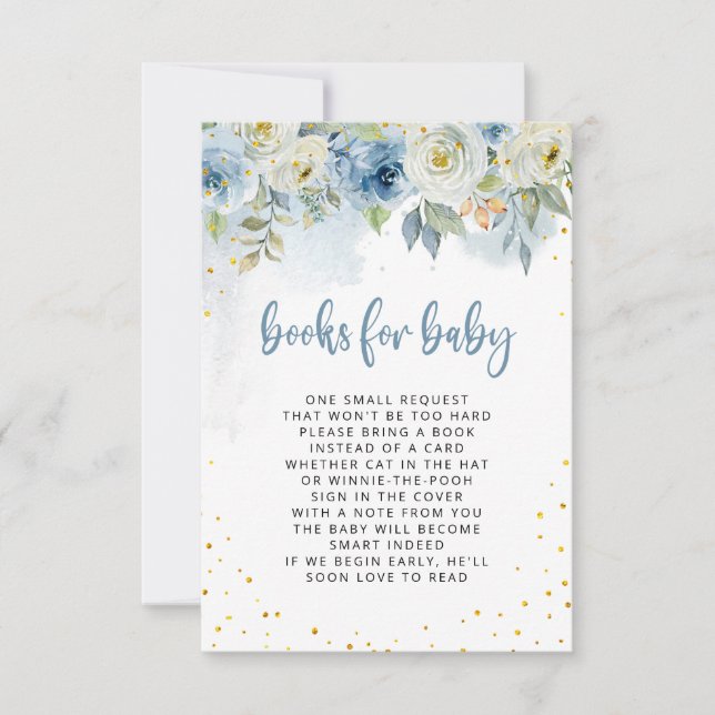 Blue White Floral mit Gold Glitter Books für Baby Einladung (Vorderseite)