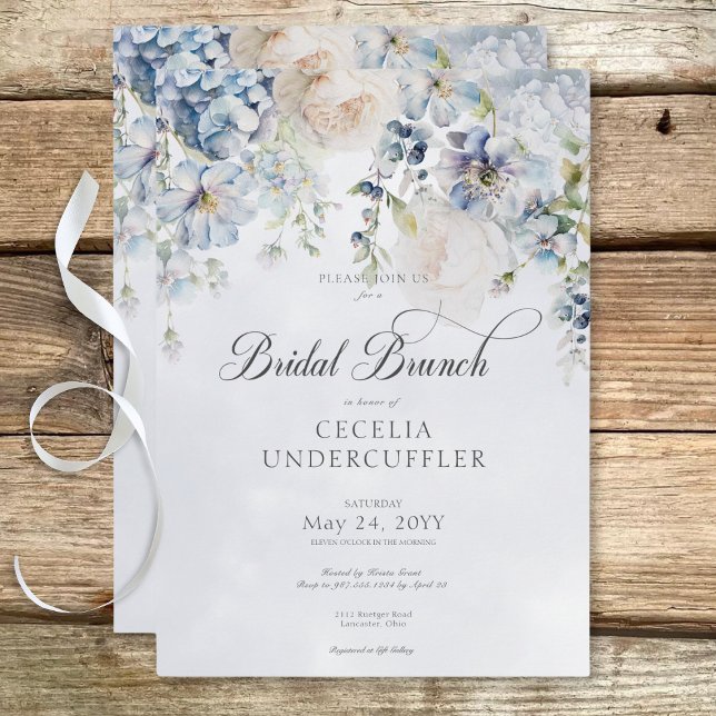 Blue & White Floral Modern Bridal Brunch Einladung (Blue & White Floral Modern Bridal Brunch Invitation)