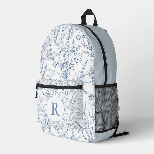 Blue & White Floral Monogram Backpack Bedruckter Rucksack (Rückseitige Ecke Rechts)