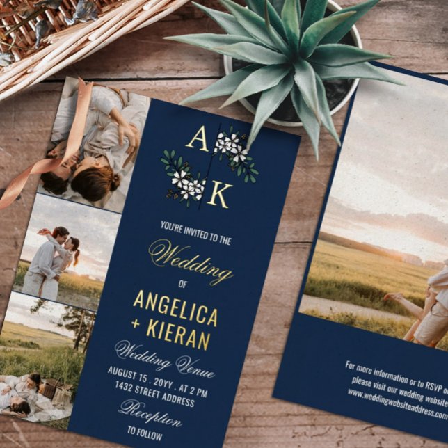 Blue White Floral Monogram Fotos Wedding Gold Foi Folieneinladung (Von Creator hochgeladen)