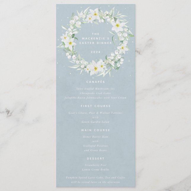 Blue White Floral Oaster Kranz Flat 4 Course Menükarte (Vorderseite)