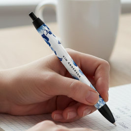 Blue White Floral Pen with Customizable Name Kugelschreiber