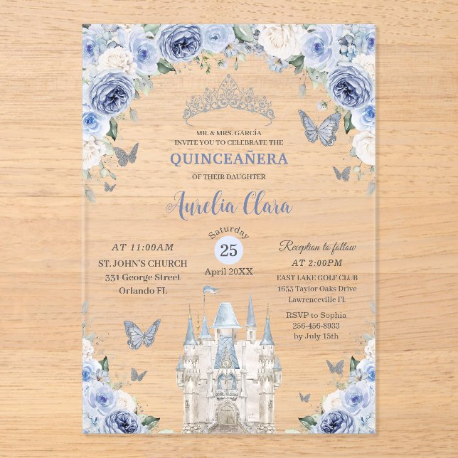Blue White Floral Princess Castle Quinceañera XV Acryleinladungen (Vorderseite)