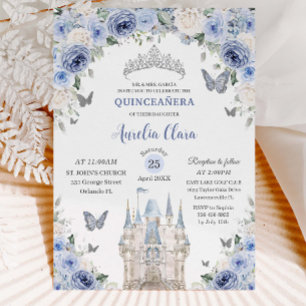 Blue White Floral Princess Castle Quinceañera XV Einladung