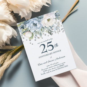 Blue White Floral Silver Glitzer 25 Jahre Jubiläum Einladung