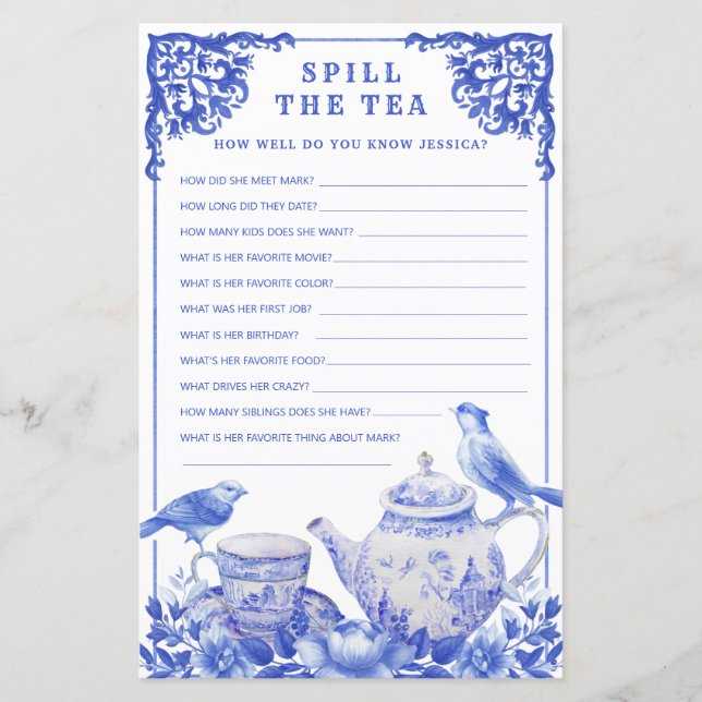 Blue & White Floral Spill The Teaduwer Game (Vorderseite)