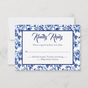 Blue & White Floral Toile Wedding RSVP Karte