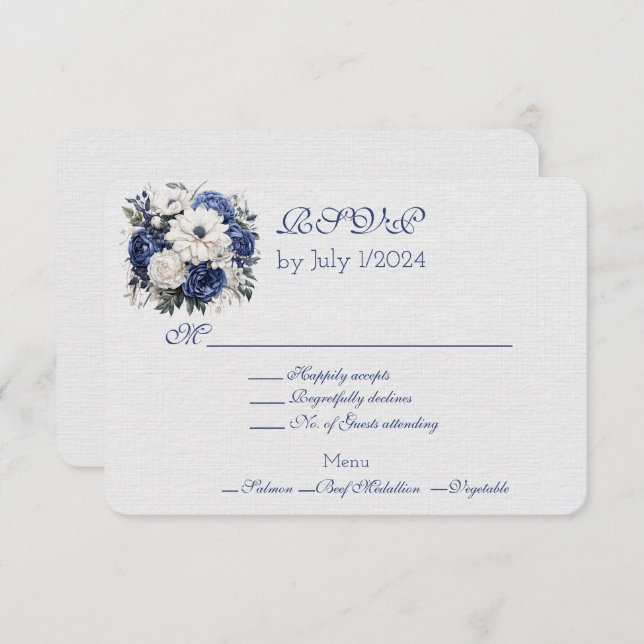 Blue White Floral Wedding Bouquet Response Card RSVP Karte (Vorne/Hinten)