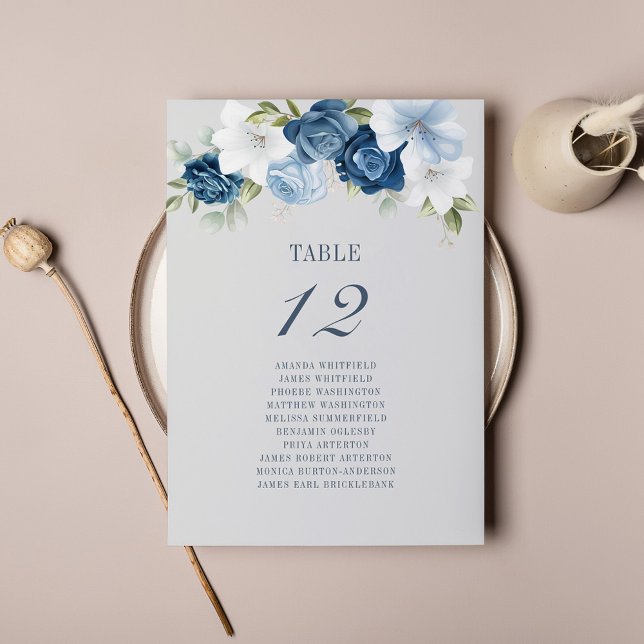Blue White Floral Wedding Chart Card Karte (Dusty Blue Floral Wedding Reception Table Number Card)