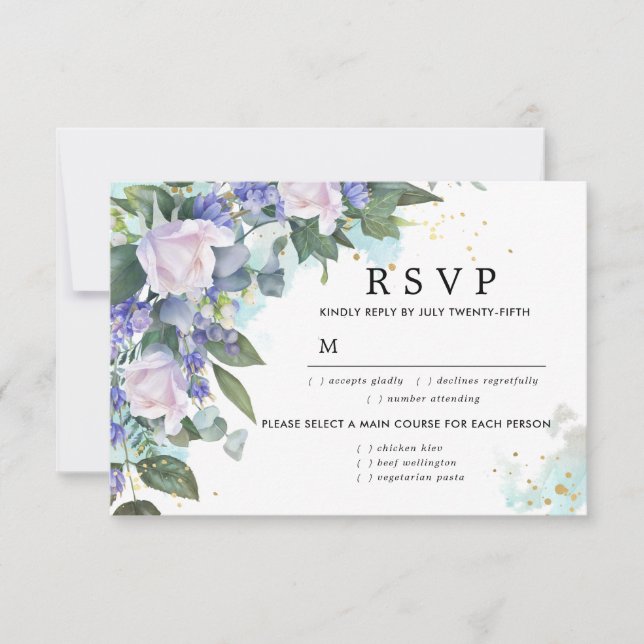 Blue White Floral Wedding RSVP Card, Optionen zum  Karte (Vorderseite)