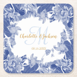 Blue White Floral Wedple Name Rechteckiger Pappuntersetzer